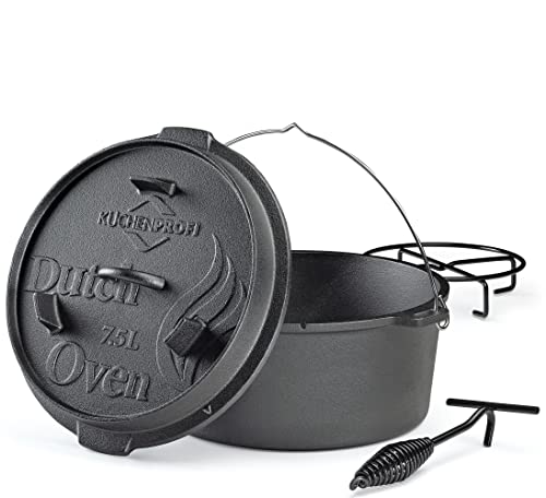 Küchenprofi BBQ Dutch Oven Gusseisen | 7,5L, Ø 30 cm | ohne Füße | fertig eingebrannter, gusseiserner Topf mit Deckelheber, für Grill, Feuerstellen, alle Herdarten (inkl. Induktion) und Backofen, Schwarz von Küchenprofi