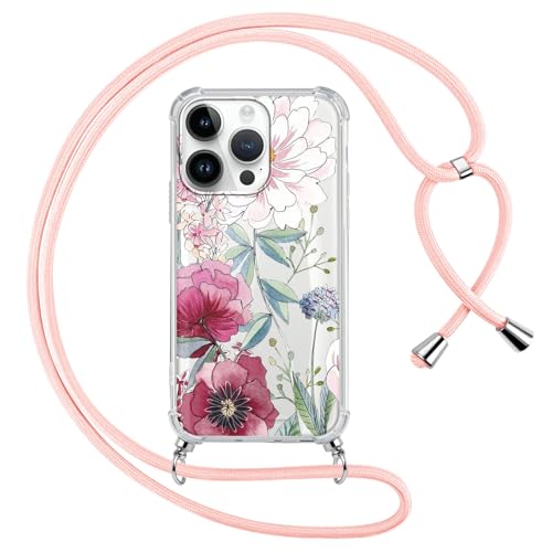Handykette für iPhone 15 Pro Max Hülle mit Band Kette 6,7",Durchsichtige Aesthetic Muster Handyhülle mit Adjustable umhängeband,Weich Silicone TPU Stoßfest Schutzhülle Case Cover,Flor 3 Handykette für iPhone 15 Pro Max Hülle mit Band Kette 6,7",Durchsichtige Aesthetic Muster Handyhülle mit Adjustable umhängeband,Weich Silicone TPU Stoßfest Schutzhülle Case Cover,Flor 3 von Kueqeay