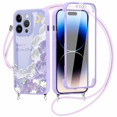 Kueqeay 360 Grad Hülle mit Band Kette für iPhone 15 Pro Max 6,7”, Handyhülle Durchsichtige Aesthetic Blume Muster Schutzhülle Fullbody mit Displayschutz Umhängen Case Silicone Stoßfest Cover, 15 von Kueqeay