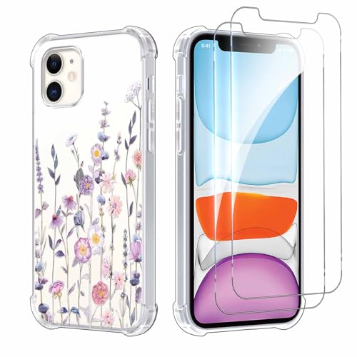 Kueqeay Handyhülle für iPhone 11 6,1", Hülle mit 2 Stück Schutzfolie Hard PC Nie Vergilbung Case Aesthetic Muster Design Transparent Militärschutz Kratzfest Fallschutz Schutzhülle, Blumen 4 von Kueqeay