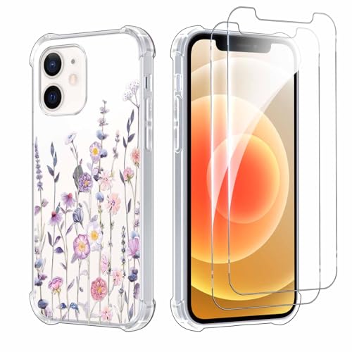 Kueqeay Handyhülle für iPhone 12 Pro/ 12 6,1", Hülle mit 2 Stück Schutzfolie Hard PC Nie Vergilbung Case Aesthetic Muster Design Transparent Militärschutz Kratzfest Fallschutz Schutzhülle, Blumen 4 von Kueqeay