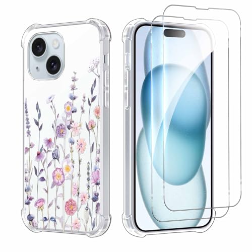 Kueqeay Handyhülle für iPhone 15 6,1", Hülle mit 2 Stück Schutzfolie Hard PC Nie Vergilbung Case Aesthetic Muster Design Transparent Militärschutz Kratzfest Fallschutz Schutzhülle, Blumen 4 von Kueqeay