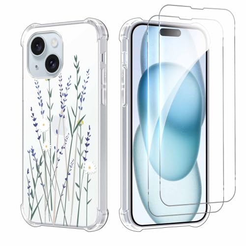 Kueqeay Handyhülle für iPhone 15 6,1", Hülle mit 2 Stück Schutzfolie Hard PC Nie Vergilbung Case Aesthetic Muster Design Transparent Militärschutz Kratzfest Fallschutz Schutzhülle, Blumen 5 von Kueqeay