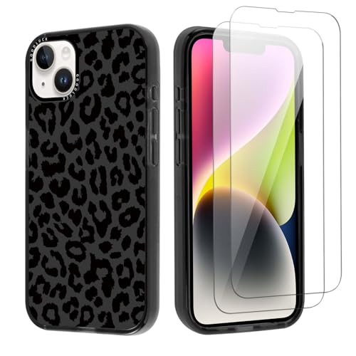 Kueqeay Handyhülle für iPhone 15 6,1", Hülle mit 2 Stück Schutzfolie Weich Silikon Nie Vergilbung Case Aesthetic Muster Design Schwarz Fallschutz Bumper Schutzhülle, Leopard von Kueqeay