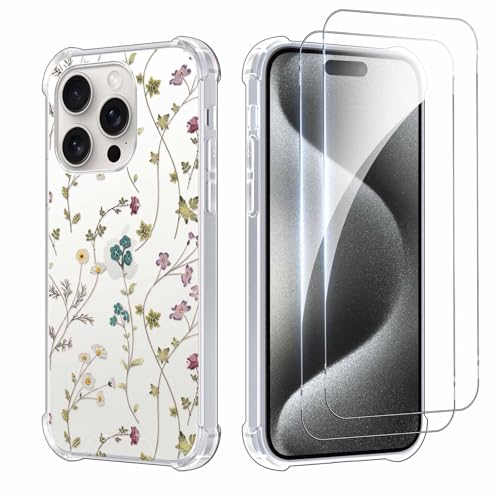 Kueqeay Handyhülle für iPhone 16 Pro 6,3", Hülle mit 2 Stück Schutzfolie Hard PC Nie Vergilbung Case Aesthetic Muster Design Transparent Militärschutz Kratzfest Fallschutz Schutzhülle, Blumen 1 von Kueqeay