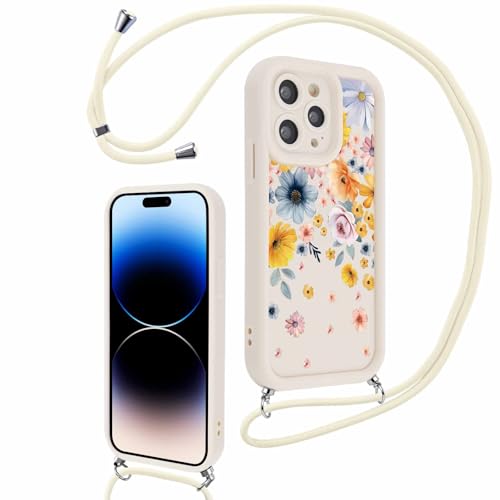 Kueqeay Handykette Handyhülle für iPhone 14 Pro 6,1” Hülle mit Band Kette, Beige Aesthetic Blume Muster Schutzhülle zum Umhängen Weich Silikon Stoßfest Case Bumper Kratzfest Cover, 06 Kueqeay Handykette Handyhülle für iPhone 14 Pro 6,1” Hülle mit Band Kette, Beige Aesthetic Blume Muster Schutzhülle zum Umhängen Weich Silikon Stoßfest Case Bumper Kratzfest Cover, 06 von Kueqeay