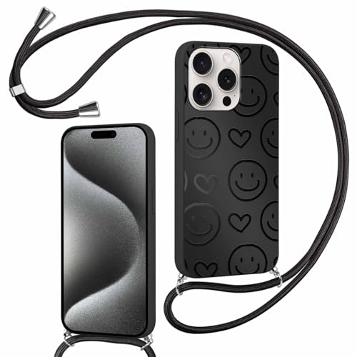 Kueqeay Handykette für iPhone 15 Pro Hülle mit Band 6,1'', Aesthetic Muster Design Smiley-Gesicht Schutzhülle Schwarz Silikon Mattiert Necklace Handyhülle für zum Umhängen Verstellbare Stoßfest, 16 Kueqeay Handykette für iPhone 15 Pro Hülle mit Band 6,1'', Aesthetic Muster Design Smiley-Gesicht Schutzhülle Schwarz Silikon Mattiert Necklace Handyhülle für zum Umhängen Verstellbare Stoßfest, 16 von Kueqeay