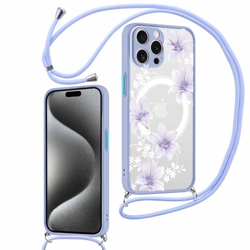 Kueqeay Magnetisch Handykette Handyhülle für iPhone 15 Pro Max 6,7" Hülle mit Band, Translucent Lila Matte Blume Muster Case mit MagSafe Silicone Schutzhülle PC Rückseite Stoßfest Cover, 05 von Kueqeay