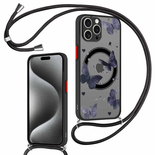 Kueqeay Magnetisch Handykette Handyhülle für iPhone 15 Pro Max 6,7" Hülle mit Band, Translucent Schwarz Matte Schmetterling Muster Case mit MagSafe Silicone Schutzhülle PC Rückseite Stoßfest Cover, 06 Kueqeay Magnetisch Handykette Handyhülle für iPhone 15 Pro Max 6,7" Hülle mit Band, Translucent Schwarz Matte Schmetterling Muster Case mit MagSafe Silicone Schutzhülle PC Rückseite Stoßfest Cover, 06 von Kueqeay