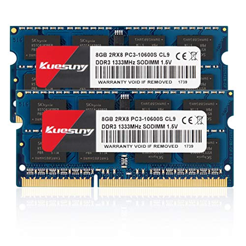Kuesuny 16GB Kit (2x8GB) DDR3 1333MHz Sodimm RAM ddr3 Laptop PC3-10600 Arbeitsspeicher PC3-10600S 1,5 V CL9 204 Pin 2RX8 Dual-Rank Nicht-ECC Speicher RAM Ideal für Notebook-Laptop-Upgrade von Kuesuny