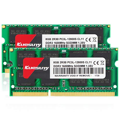Kuesuny 16GB Kit (2 x 8GB) DDR3/DDR3L 1600MHz Sodimm Ram PC3/PC3L-12800S 1,5 V/1,35 V CL11 204 Pin 2RX8 Dual Rank Nicht-ECC ungepufferter Speicher RAM Ideal für Notebook-Laptop-Upgrade von Kuesuny