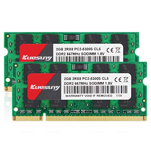 Kuesuny 4 GB Kit (2 x 2 GB) DDR2 667 MHz Sodimm Ram PC2-5300 PC2-5300S 1,8 V CL5 200 Pin 2RX8 Upgrade der Nicht gepufferten Notebook-Laptop-Speichermodule ohne ECC von Kuesuny