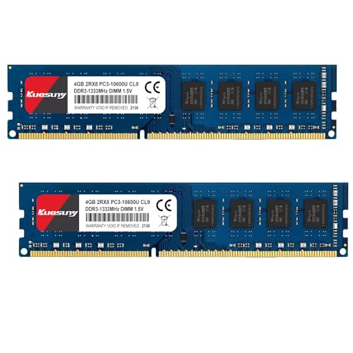 Kuesuny 8 GB Kit (2 x 4 GB) DDR3 1333 MHz Udimm Ram PC3-10600 PC3-10600U 1,5 V CL9 240 Pin 2RX8 Upgrade des RAM-Moduls für ungepufferten Desktop-Computerspeicher mit Zwei Rängen ohne ECC von Kuesuny