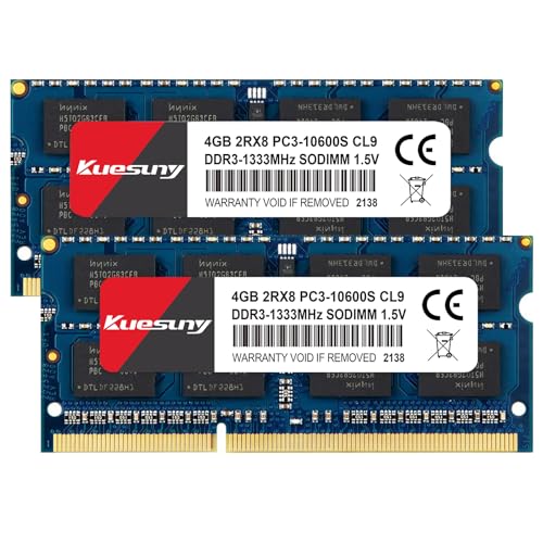 Kuesuny 8 GB Kit (2X4GB) DDR3 1333 MHz Sodimm Ram PC3-10600 PC3-10600S 1,5 V CL9 204 Pin 2RX8 Dual-Rank Nicht-ECC ungepufferter Speicher RAM Ideal für Notebook-Laptop-Upgrade von Kuesuny
