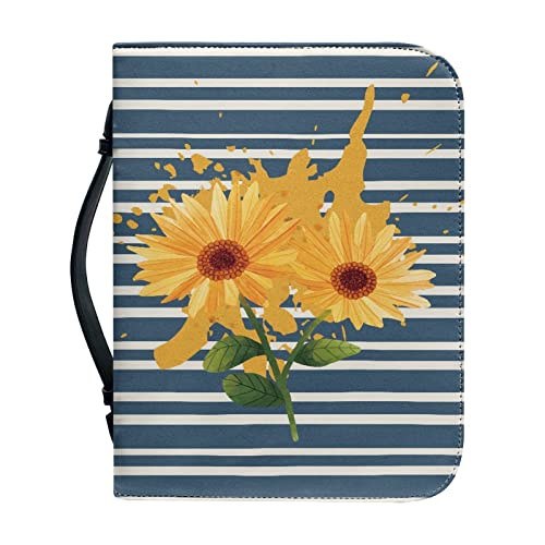 Kuiaobaty Bibeltasche mit Reißverschluss, Aquarell-Sonnenblumen-Motiv, mit Griff, blaue Streifen, Notebook-Tasche mit Reißverschluss, Kunstleder von Kuiaobaty