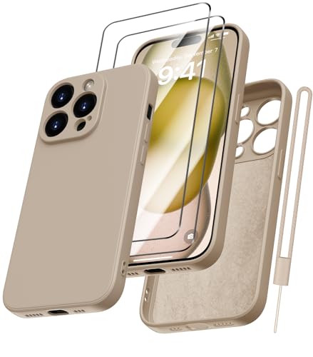 Kukiwhy Hülle für iPhone 15 Pro mit 2 Stück Panzerfolie, Handyhülle iPhone 15 Pro Ultra Dünn Slim mit Microfiber, Kratzfeste Rundumschutz Schutzhülle Case für iPhone 15 Pro 6.1" Khaki von Kukiwhy