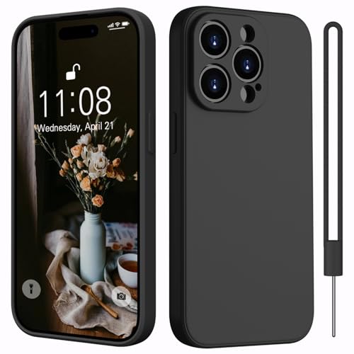 Kukiwhy Silikon Hülle für iPhone 14 Pro mit 1 Lanyard,Microfiber-Innenfutter Dünn Hanyhülle für iPhone 14 Pro 5G Case Rundumschutz Kameraschutz Kratzfest Schutzhülle für iPhone 14 Pro 6.1'' Schwarz von Kukiwhy