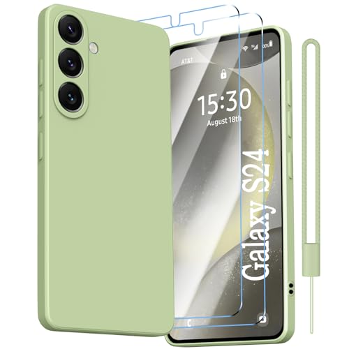 Kukiwhy für Samsung Galaxy S24 Hülle, [2 × 9H Schutzfolie] für Samsung Galaxy S24 Silikon Case mit Handschlaufe,Kameraschutz Rundumschutz Silikon Ultra Dünn Handyhülle für Galaxy S24 Matcha Grün von Kukiwhy
