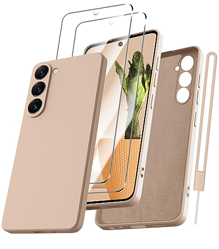 Kukiwhy für Samsung S23 Hülle mit 2 Stück Panzerfolie, Hanyhülle Samsung Galaxy S23 Ultra Dünn Slim mit Microfiber, Kratzfeste Rundumschutz Schutzhülle Case für Samsung S23-Khaki von Kukiwhy