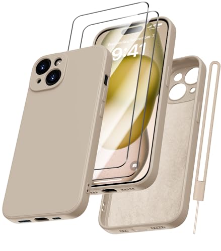 Kukiwhy iPhone 15 Hülle Silikon mit 2 Stück Panzerfolie, Hanyhülle iPhone 15 Dünn Slim mit Microfiber, Kratzfeste Rundumschutz Schutzhülle Case für iPhone 15 6.1'' Khaki von Kukiwhy