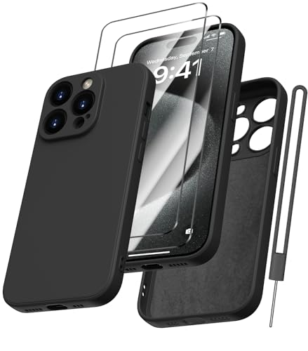 Kukiwhy Kompatibel mit für iPhone 15 Pro Max 5G Hülle Silikon mit 2 Stück Panzerfolie, Hanyhülle Dünne Rundumschutz Weichem Case Microfiber Kratzfeste Schutzhülle für iPhone 15 Pro Max 6.7'' Schwarz von Kukiwhy