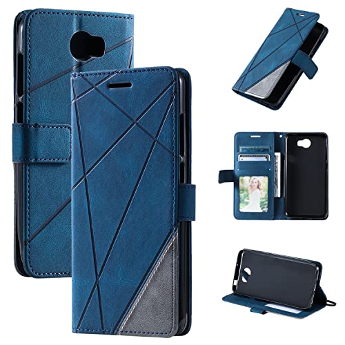 Kukoufey Hülle für Huawei Y6 II Compact, Y5 - Leder Flip Case, Blau, Geometrisch, Rutschfest, Texturiert von Kukoufey