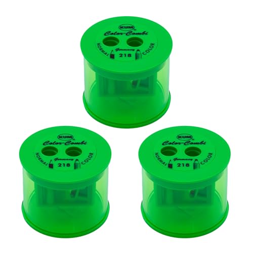 KUM AZ105.04.16-G - Anspitzer mit Behälter Color Combi 218T, Anspitzer für runde und spitze Stifte, grün, 3er Multipack von Kum