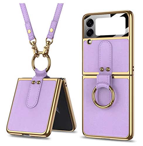 KumWum Handyhülle Kompatibel mit Samsung Galaxy Z Flip 3 5G Hülle mit Kette Klappbar Leder Schutzhülle mit Ring und Kleine Bildschirmschutz - Violett von KumWum