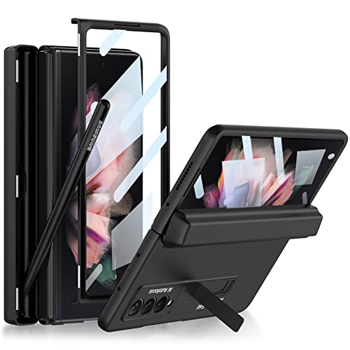 KumWum Handyhülle Kompatibel mit Samsung Galaxy Z Fold 3 5G Hülle mit Stifthalter Klappbar Schutzhülle mit Scharnierschutz Ultra Dünn Case mit Stander und Displayschutz- Schwarz von KumWum