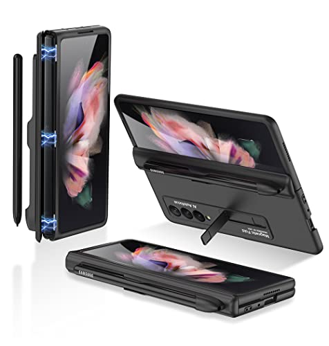 KumWum Handyhülle Kompatibel mit Samsung Galaxy Z Fold 3 5G Hülle mit Stifthalter Klappbar Schutzhülle mit Ständer und Scharnierschutz - Schwarz von KumWum