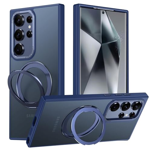 KumWum Handyhülle Kompatible mit Samsung Galaxy S24 Ultra Hülle mit magnetisch und Stoßfester Dünn Case Schrubben und Lanyard-Loch mit Rotieren Ständer Schutzhülle -Blau von KumWum