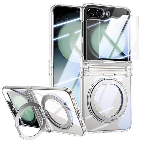 KumWum Handyhülle Kompatible mit Samsung Galaxy Z Flip 5 Hülle mit magnetisch und Stoßfester Dünn Case Schrubben und Lanyard-Loch mit Rotieren Ständer Schutzhülle - Transparent von KumWum