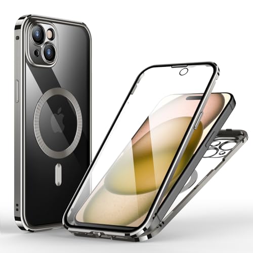 KumWum Handyhülle Kompatible mit iPhone 15 Hülle 360 Grad Doppelseitig Schutzhülle Transparent Glas Rückseite mit Kameraschutz - Grau von KumWum
