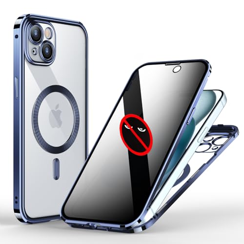 KumWum Handyhülle Kompatible mit iPhone 15 Hülle Anti Spy Magnetische Case 360 Grad Doppelseitig Schutzhülle Transparent Glas Rückseite mit Kameraschutz - Blau von KumWum