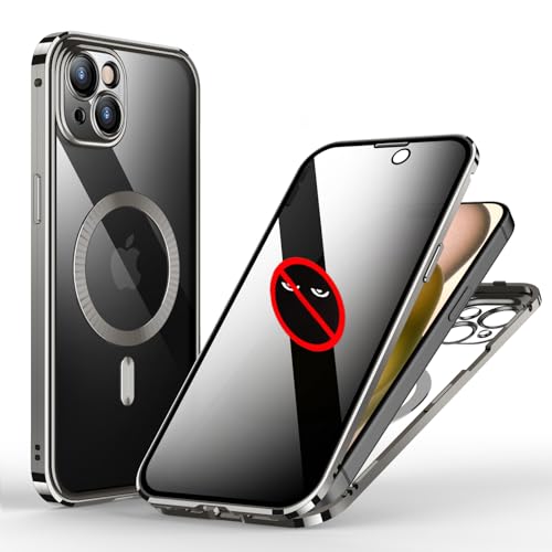 KumWum Handyhülle Kompatible mit iPhone 15 Hülle Anti Spy Magnetische Case 360 Grad Doppelseitig Schutzhülle Transparent Glas Rückseite mit Kameraschutz - Grau von KumWum