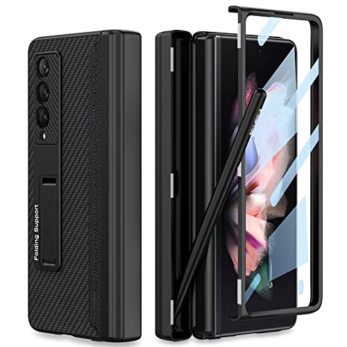 KumWum [Neues Upgrade] Handyhülle Kompatibel mit Samsung Galaxy Z Fold 3 5G Hülle mit Stifthalter Klappbar Schutzhülle mit Scharnierschutz Ultra Dünn Case mit Stander und Displayschutz- Carbon Fiber von KumWum