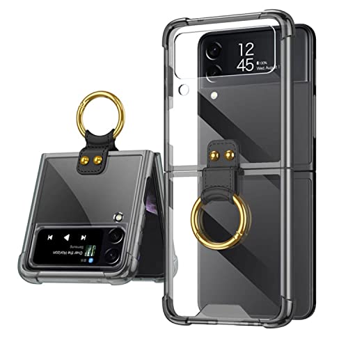 Z Flip 4 Hülle, KumWum Handyhülle Kompatibel mit Samsung Galaxy Z Flip 4 5G Transparent Stoßfest Hülle Dünn Klappbar Schutzhülle mit Ring Ständer - Schwarz von KumWum