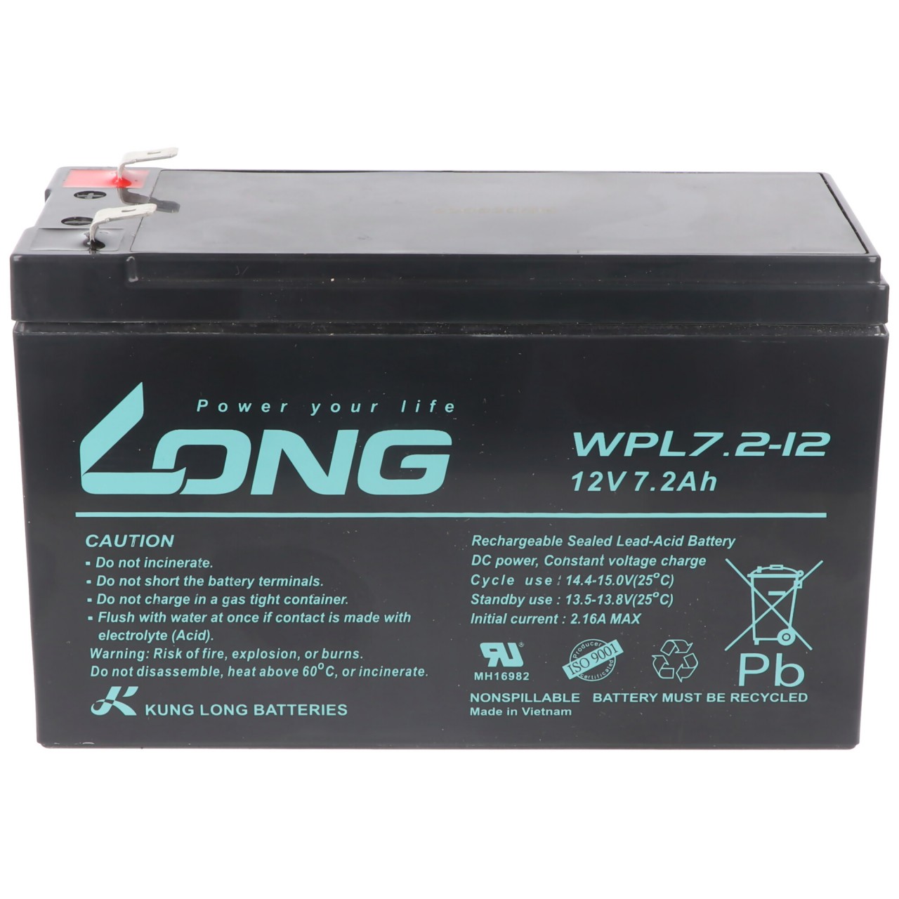 Kung Long WPL7.2-12 F2 Longlife Blei-Vlies-Akku, 12Volt, 7,2Ah mit 6,3mm Faston Anschluss Kung Long WPL7.2-12 F2 Longlife Blei-Vlies-Akku, 12Volt, 7,2Ah mit 6,3mm Faston Anschluss von Kung Long