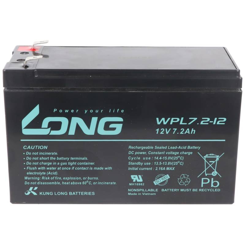Kung Long WPL7.2-12 F2 Longlife Blei-Vlies-Akku, 12Volt, 7,2Ah mit 6,3mm Faston Anschluss von Kung Long