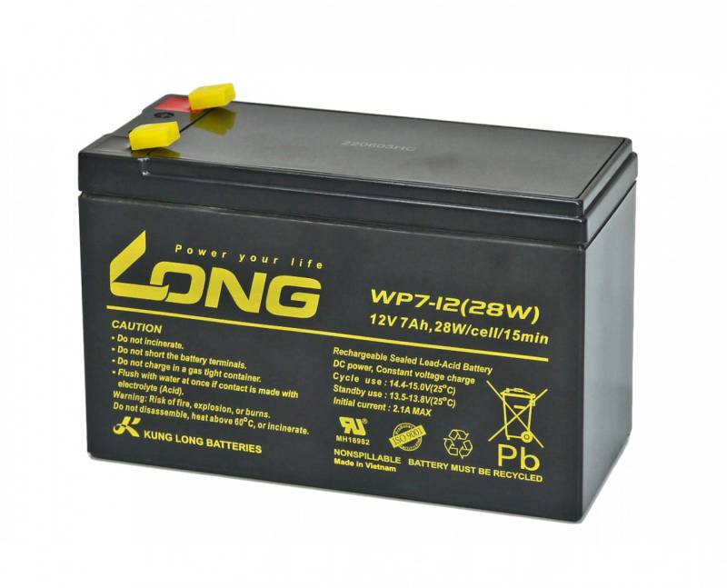 Kung Long wartungsfreier Blei-Akku WP7-12(28W) mit 6,3mm Faston Anschluss 12V/7Ah von Kung Long