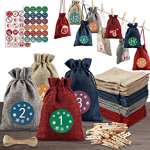 24 Stück Weihnachts Adventskalender Tüten, 24 Tage Weihnachts Countdown Jute, Kordelzug Süßigkeiten Geschenkbeutel mit Adventszahlen, Aufklebern Clips Seil für Zuhause Büro Wandbehang 24 Stück Weihnachts Adventskalender Tüten, 24 Tage Weihnachts Countdown Jute, Kordelzug Süßigkeiten Geschenkbeutel mit Adventszahlen, Aufklebern Clips Seil für Zuhause Büro Wandbehang von Kunoli