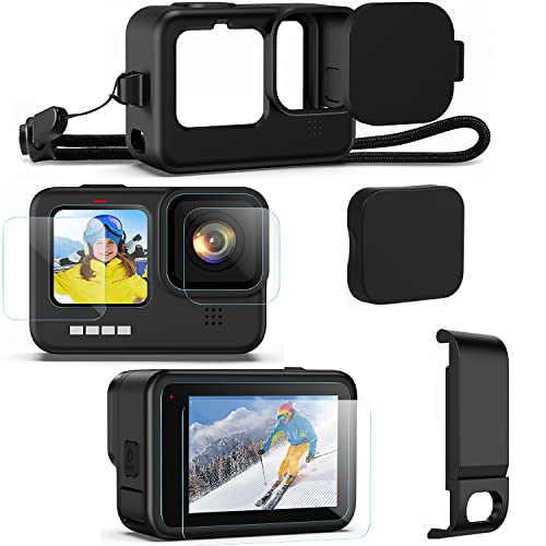 Kuptone Silikon Schutzhülle+Displayschutzfolie für Gopro Hero 12/11/10/9, Gopro Zubehör Silikonhülle + 6Glas Displayschutz +Akkufachdeckel + 1 Trageband+ 3Objektivdeckel für Gopro 12/11/10/9 von Kuptone