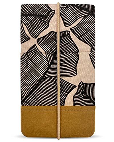 Kuratist Handy Tasche - Moin - Universell Kompatibel z.B. mit iPhone 16/15/14/13/12 - Handgefertigt aus Baumwoll-Twill/Papierleder – Smartphone Hülle mit Gummiverschluss – Leaves von Kuratist