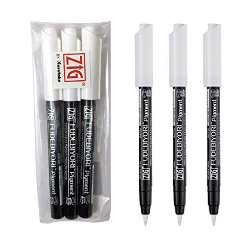 Kuretake ZIG FUDEBIYORI PIGMENT Milky White 3 pens set, For Lettering, Illustlation, AP-Certified, Flexible Hard brush tip, Effective on black paper, Professional quality, Made in Japan von Kuretake