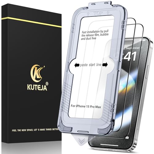 Kuteja [2 Stück] Panzer Schutz Glas für iPhone 15 Pro Max, [Automatische Staubentfernung] 9H Härte Full Screen Schutzfolie, Anti-Kratzen Gehärtetem Glas Displayschutzfolie von Kuteja