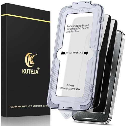 Kuteja [2 Stück] Privacy Sichtschutz für iPhone 15 Pro Max Schutzfolie,[Automatische Staubentfernung] Anti-Kratzen, Anti Spähen, Fingerabdruck-ID Gehärtetem Glas Displayschutzfolie von Kuteja