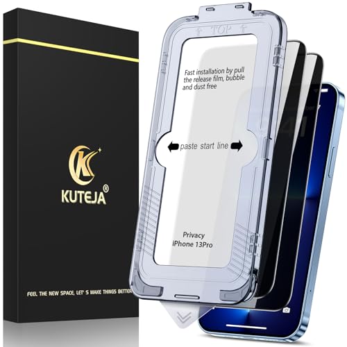 Kuteja [2 Stück] Privacy Sichtschutz für iPhone 13 Pro Schutzfolie,[Automatische Staubentfernung] Anti-Kratzen, Anti Spähen, Fingerabdruck-ID Gehärtetem Glas Displayschutzfolie von Kuteja