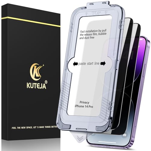 Kuteja [2 Stück] Privacy Sichtschutz für iPhone 14 Pro Schutzfolie,[Automatische Staubentfernung] Anti-Kratzen, Anti Spähen, Fingerabdruck-ID Gehärtetem Glas Displayschutzfolie von Kuteja