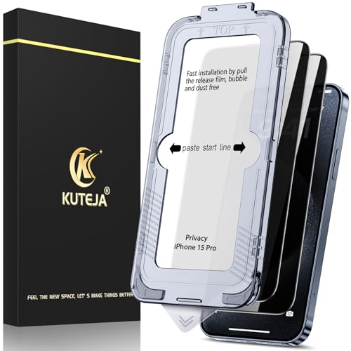 Kuteja [2 Stück] Privacy Sichtschutz für iPhone 15 Pro Schutzfolie,[Automatische Staubentfernung] Anti-Kratzen, Anti Spähen, Fingerabdruck-ID Gehärtetem Glas Displayschutzfolie von Kuteja