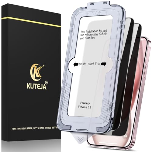 Kuteja [2 Stück] Privacy Sichtschutz für iPhone 15 Schutzfolie,[Automatische Staubentfernung] Anti-Kratzen, Anti Spähen, Fingerabdruck-ID Gehärtetem Glas Displayschutzfolie von Kuteja